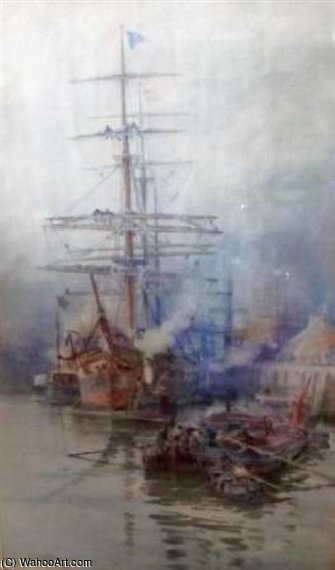 WikiOO.org - Енциклопедія образотворчого мистецтва - Живопис, Картини
 Charles John De Lacy - Three Masted Ship Being Tugged Out Of Port
