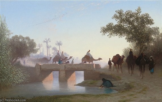 Wikioo.org - The Encyclopedia of Fine Arts - Painting, Artwork by Charles Théodore Frère (Bey) - A Camel Train Crossing A River