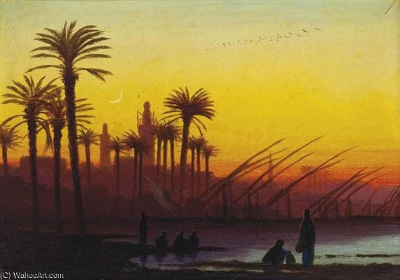 Wikioo.org - Die Enzyklopädie bildender Kunst - Malerei, Kunstwerk von Charles Théodore Frère (Bey) - Sonnenuntergang über dem Nil