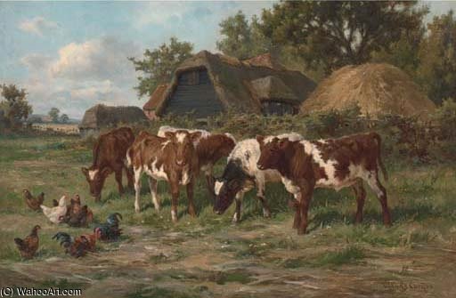 WikiOO.org - Encyclopedia of Fine Arts - Målning, konstverk Claude Cardon - Calves And Poultry By A Farm