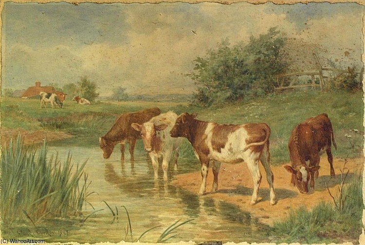 Wikioo.org - สารานุกรมวิจิตรศิลป์ - จิตรกรรม Claude Cardon - Calves At A Stream Crossing