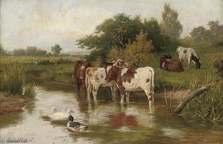 Wikioo.org - The Encyclopedia of Fine Arts - Painting, Artwork by Claude Cardon - Calves Watering With Ducks In A Peaceful River Landscape