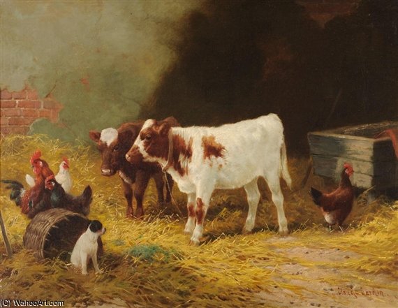 WikiOO.org - Encyclopedia of Fine Arts - Malba, Artwork Claude Cardon - Calves, Chickens And Dogs In A Stable Interior