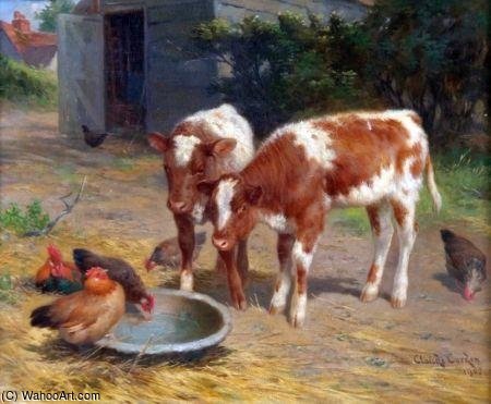 Wikioo.org - The Encyclopedia of Fine Arts - Painting, Artwork by Claude Cardon - Farmyard Scene With Calves And Chickens Drinking From A Bowl