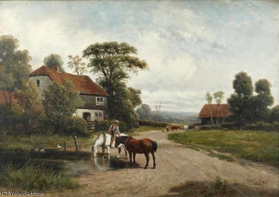 Wikioo.org - สารานุกรมวิจิตรศิลป์ - จิตรกรรม Claude Cardon - Horses Watering In A Rural Landscape