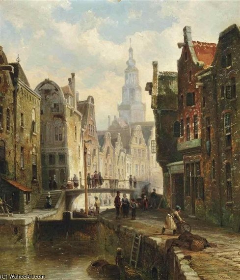 Wikioo.org - The Encyclopedia of Fine Arts - Painting, Artwork by Cornelis Christiaan Dommelshuizen - A Townview With Figures