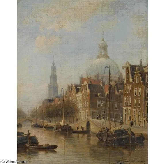 Wikioo.org - The Encyclopedia of Fine Arts - Painting, Artwork by Cornelis Christiaan Dommelshuizen - A View Of An Amsterdam Canal