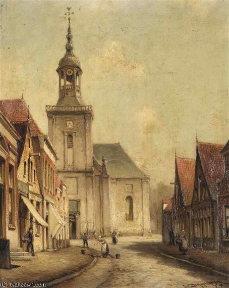 Wikioo.org - The Encyclopedia of Fine Arts - Painting, Artwork by Cornelis Christiaan Dommelshuizen - A View Of The Kerkstraat In Almelo