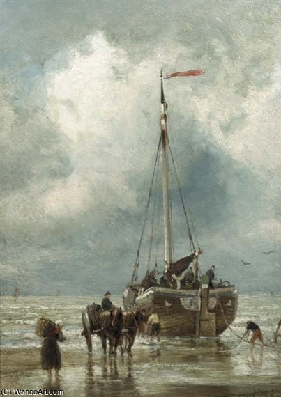 Wikioo.org - The Encyclopedia of Fine Arts - Painting, Artwork by Cornelis Christiaan Dommelshuizen - Fishermen Unloading A Bomschuit