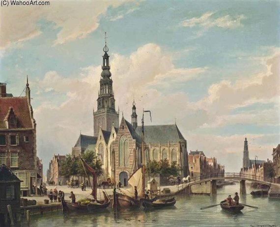 Wikioo.org - The Encyclopedia of Fine Arts - Painting, Artwork by Cornelis Christiaan Dommelshuizen - Rowing On An Amsterdam Canal