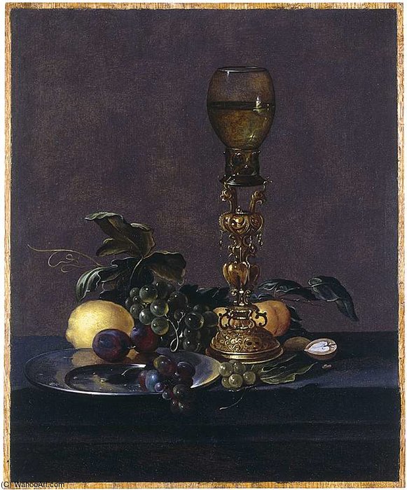 WikiOO.org - Encyclopedia of Fine Arts - Lukisan, Artwork Cornelis Mahu - A Roemer Of White Wine On An Elaborate Stand With Black Grapes And Plums On A Pewter Plate,