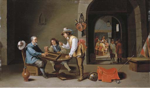 WikiOO.org - Enciclopedia of Fine Arts - Pictura, lucrări de artă Cornelis Mahu - Officers And Peasants Playing Backgammon And Other Games In A Guardroom