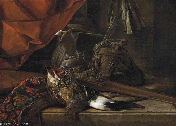 Wikioo.org - The Encyclopedia of Fine Arts - Painting, Artwork by Cornelis Van Lelienbergh - A Partridge, A Hunting Horn, A Musket And Game Bags On A Partly Draped Stone Ledge