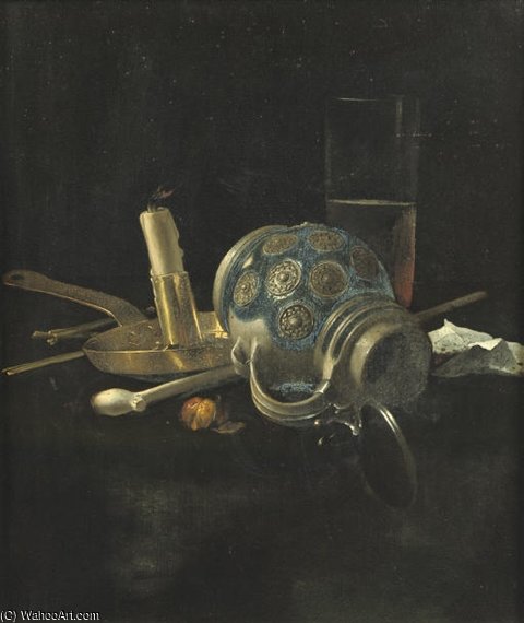 Wikioo.org - The Encyclopedia of Fine Arts - Painting, Artwork by Cornelis Van Lelienbergh - A Stoneware Jug, A Glass Of Beer, A Candlestick And A Pipe On A Draped Table