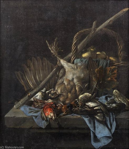 Wikioo.org - The Encyclopedia of Fine Arts - Painting, Artwork by Cornelis Van Lelienbergh - Dead Birds In A Basket On A Draped Stone Ledge