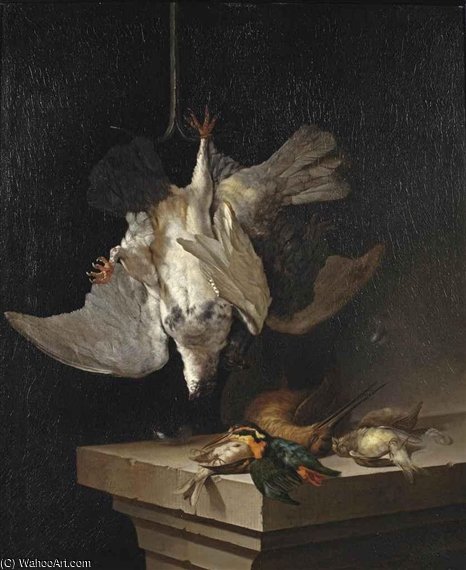 Wikioo.org - The Encyclopedia of Fine Arts - Painting, Artwork by Cornelis Van Lelienbergh - Two Partridges Hanging, With A Kingfisher, Woodcock And Other Birds On A Stone Ledge