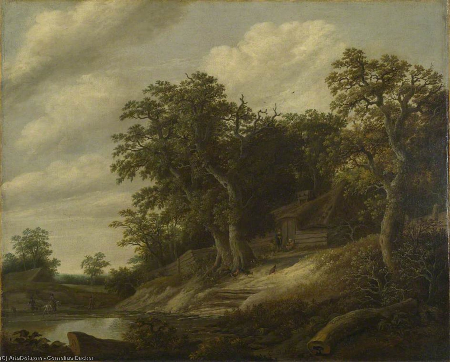 Wikioo.org - The Encyclopedia of Fine Arts - Painting, Artwork by Cornelius Decker - A Cottage Among Trees On The Banks Of A Stream
