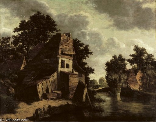Wikioo.org - The Encyclopedia of Fine Arts - Painting, Artwork by Cornelius Decker - A House In A Wooded River Landscape With A Washerwoman In The Foreground