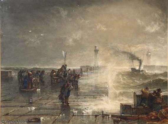 Wikioo.org - The Encyclopedia of Fine Arts - Painting, Artwork by Edwin Ellis - A Blustery Day With Figures On A Jetty With Lighthouse Looking Out To Sea