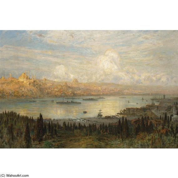 Wikioo.org - The Encyclopedia of Fine Arts - Painting, Artwork by Ernst Carl Eugen Koerner - The Golden Horn, From Tepebasi Looking At The Beyazit Tower And Sulemymaniye Mosque