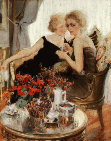 Wikioo.org - The Encyclopedia of Fine Arts - Painting, Artwork by Francisco Pons Arnau - Mujeres En El Salon