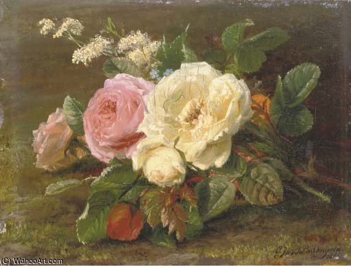 Wikioo.org - The Encyclopedia of Fine Arts - Painting, Artwork by Geraldine Jacoba Van De Sande Bakhuyzen - A Bunch Of Pink And White Roses