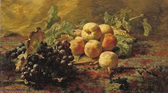 Wikioo.org - The Encyclopedia of Fine Arts - Painting, Artwork by Geraldine Jacoba Van De Sande Bakhuyzen - Blue Grapes And Peaches In A Wicker Basket