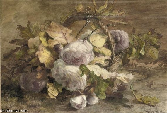 Wikioo.org - The Encyclopedia of Fine Arts - Painting, Artwork by Geraldine Jacoba Van De Sande Bakhuyzen - Roses In A Basket On A Forest Floor