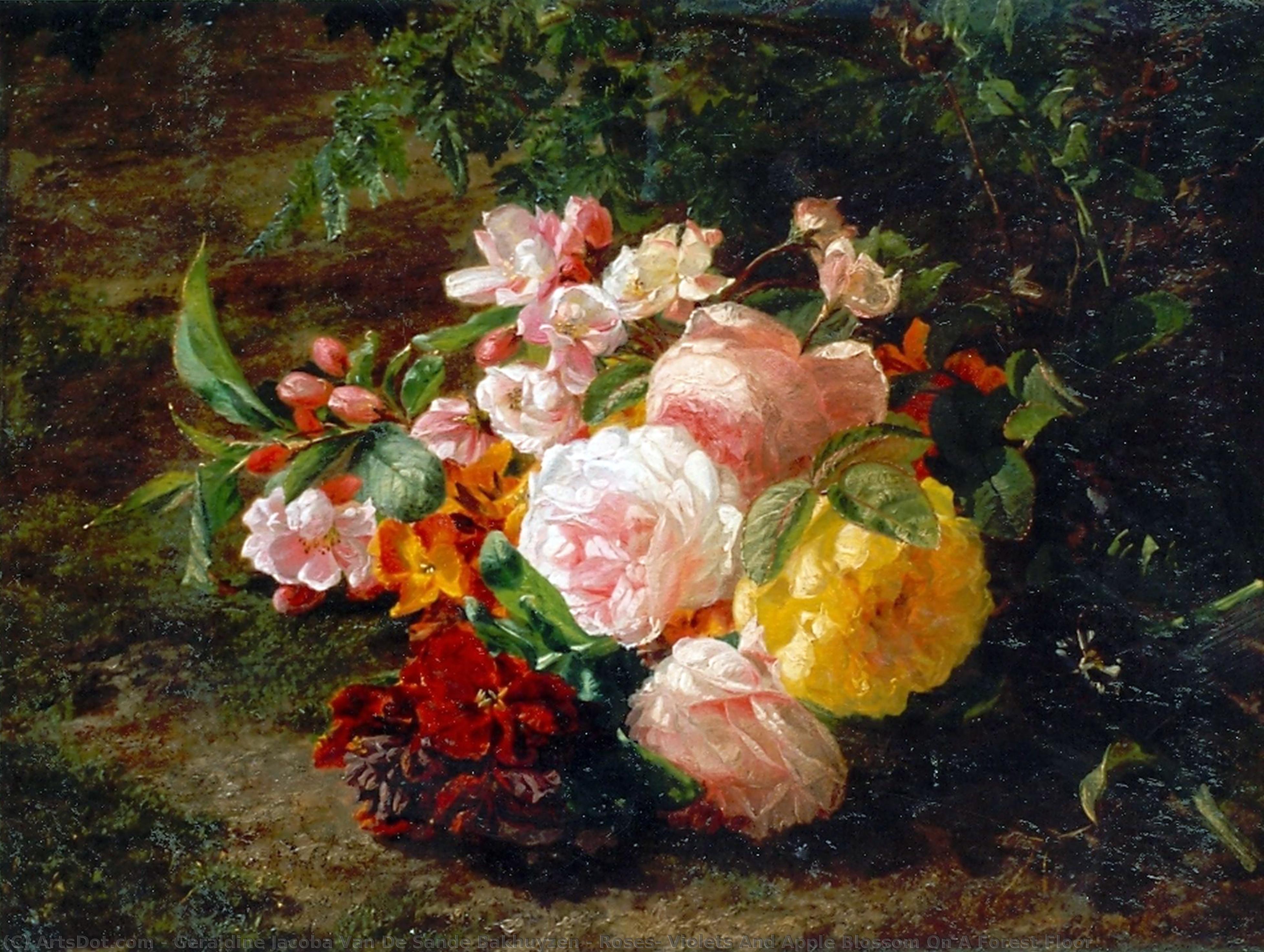 Wikioo.org - The Encyclopedia of Fine Arts - Painting, Artwork by Geraldine Jacoba Van De Sande Bakhuyzen - Roses, Violets And Apple Blossom On A Forest Floor