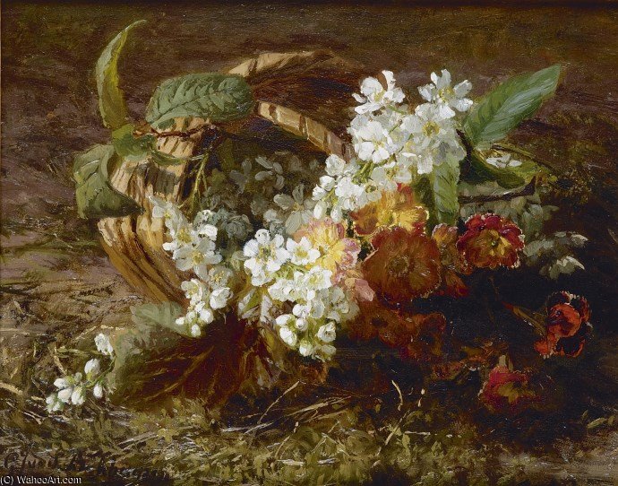 Wikioo.org - The Encyclopedia of Fine Arts - Painting, Artwork by Geraldine Jacoba Van De Sande Bakhuyzen - Still Life Of Cherryblossem And Primrose