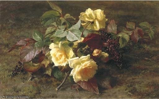 Wikioo.org - The Encyclopedia of Fine Arts - Painting, Artwork by Geraldine Jacoba Van De Sande Bakhuyzen - Yellow Roses And Elderberries On A Forest Floor