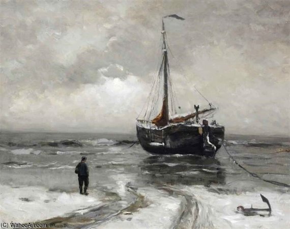 Wikioo.org - สารานุกรมวิจิตรศิลป์ - จิตรกรรม Gerhard Arij Ludwig Morgenstje Munthe - A Bomschuit Anchored In Winter