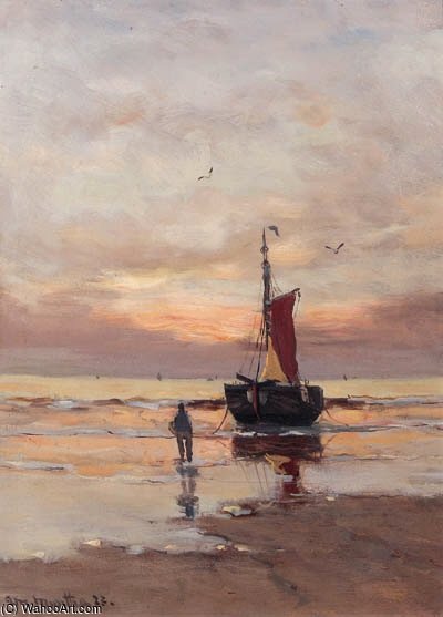 Wikioo.org - The Encyclopedia of Fine Arts - Painting, Artwork by Gerhard Arij Ludwig Morgenstje Munthe - A Bomschuit At Sunset
