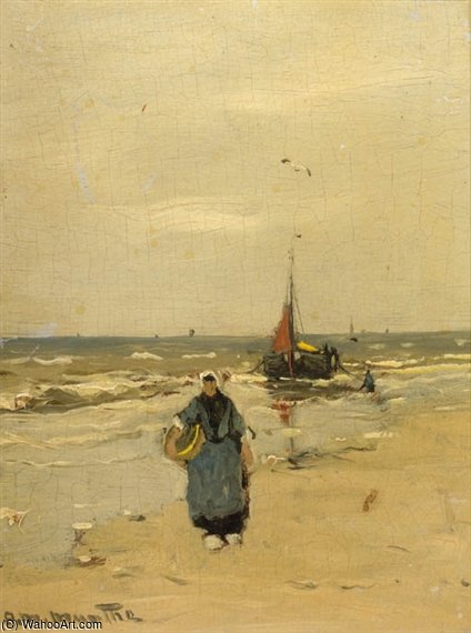 Wikioo.org - สารานุกรมวิจิตรศิลป์ - จิตรกรรม Gerhard Arij Ludwig Morgenstje Munthe - A Fisherwoman On The Beach Of Katwijk