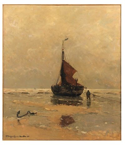 Wikioo.org - Bách khoa toàn thư về mỹ thuật - Vẽ tranh, Tác phẩm nghệ thuật Gerhard Arij Ludwig Morgenstje Munthe - A Moored Bomschuit On The Beach Of Katwijk