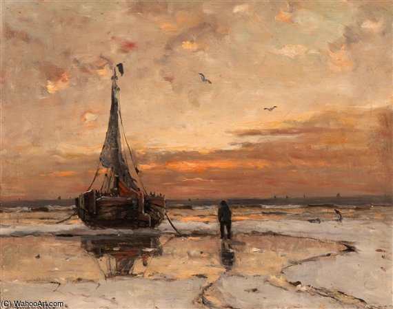 WikiOO.org - Εγκυκλοπαίδεια Καλών Τεχνών - Ζωγραφική, έργα τέχνης Gerhard Morgenstjerne Munthe - Anchored Barge At Dusk