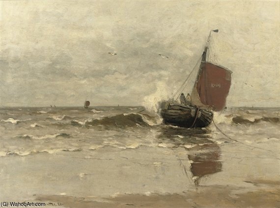 Wikioo.org - The Encyclopedia of Fine Arts - Painting, Artwork by Gerhard Arij Ludwig Morgenstje Munthe - Bomschuit In The Surf, Katwijk