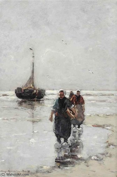 Wikioo.org - สารานุกรมวิจิตรศิลป์ - จิตรกรรม Gerhard Arij Ludwig Morgenstje Munthe - Fisherwomen Near A Bomschuit On The Beach