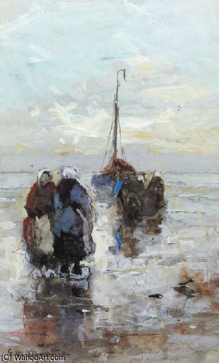 Wikioo.org - สารานุกรมวิจิตรศิลป์ - จิตรกรรม Gerhard Arij Ludwig Morgenstje Munthe - Fisherwomen On The Beach Of Katwijk