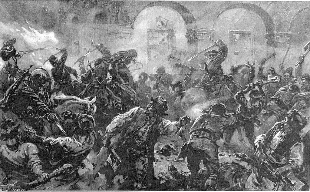Wikioo.org - The Encyclopedia of Fine Arts - Painting, Artwork by Hermanus Junior Koekkoek - A Cavalry Patrol Sabring The Rioters In The Streets Of Comanesti