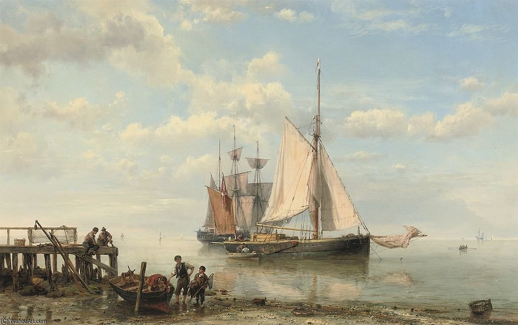 Wikioo.org - The Encyclopedia of Fine Arts - Painting, Artwork by Hermanus Junior Koekkoek - Sailing-vessels By A Coast On A Calm Sea