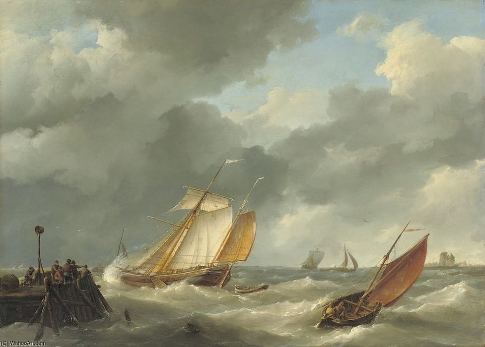 Wikioo.org - The Encyclopedia of Fine Arts - Painting, Artwork by Hermanus Junior Koekkoek - Sailing-vessels By A Coast On A Calm Sea