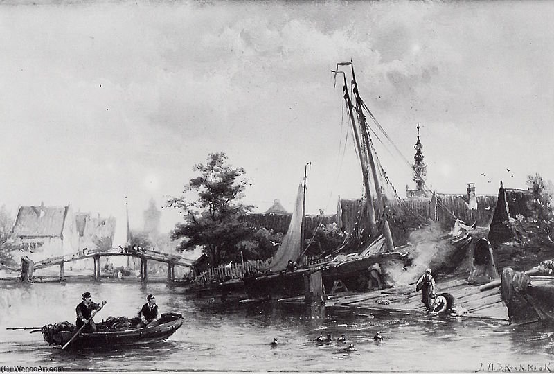 WikiOO.org - Encyclopedia of Fine Arts - Malba, Artwork Hermanus Junior Koekkoek - Wharf At River Brink