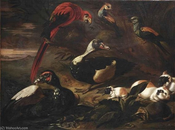Wikioo.org - The Encyclopedia of Fine Arts - Painting, Artwork by Jacob Van Der (Giacomo Da Castello) Kerckhoven - A Landscape With A Scarlet Macaw