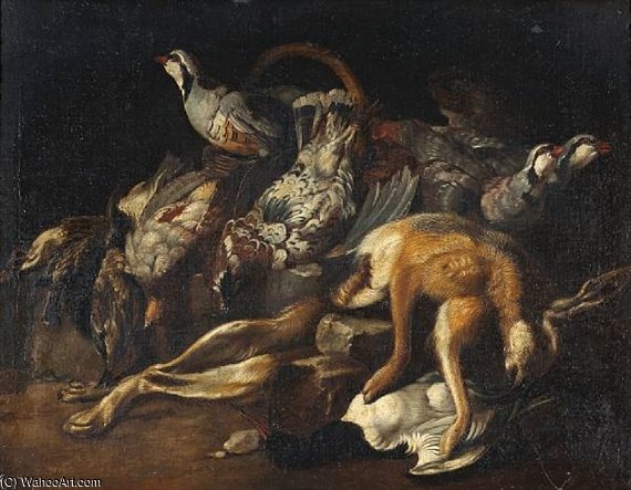 Wikioo.org - The Encyclopedia of Fine Arts - Painting, Artwork by Jacob Van Der (Giacomo Da Castello) Kerckhoven - A Still Life With A Hare, Partridges And Other Birds