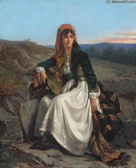 WikiOO.org - Encyclopedia of Fine Arts - Lukisan, Artwork Jan Frederik Pieter Portielje - Gipsy Girl With Tambourine