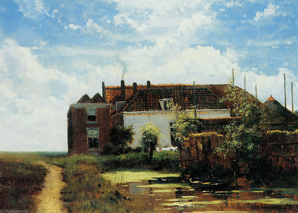 Wikioo.org - The Encyclopedia of Fine Arts - Painting, Artwork by Johan Hendrik Weissenbruch - Farm Beside Canal In Polder