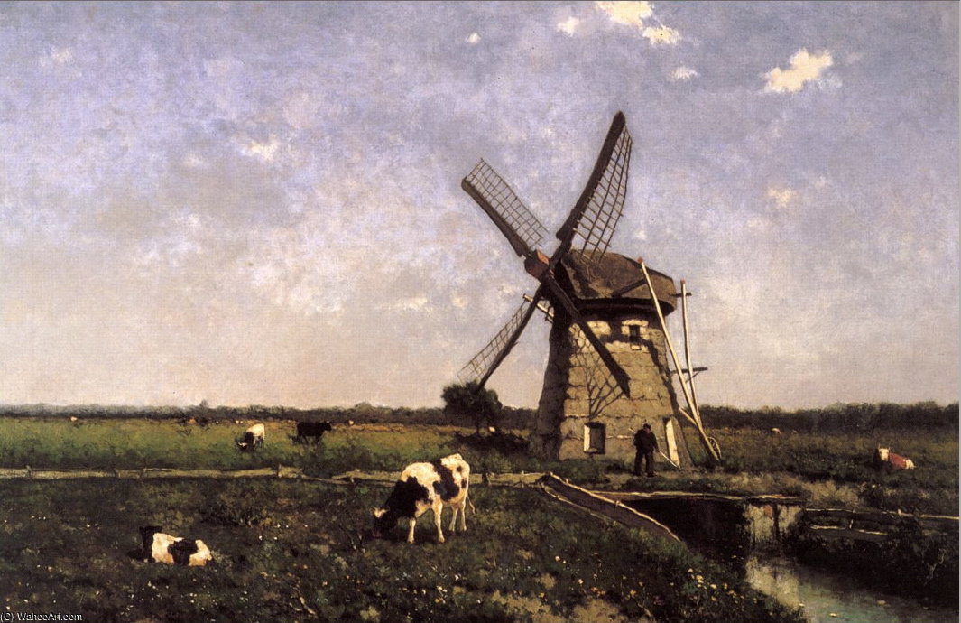 WikiOO.org - Güzel Sanatlar Ansiklopedisi - Resim, Resimler Johan Hendrik Weissenbruch - Landscape With Mill Near Schiedam