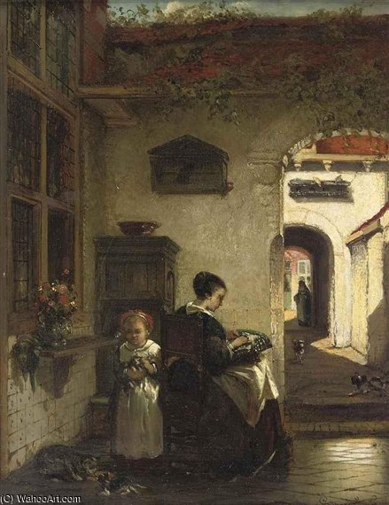Wikioo.org - The Encyclopedia of Fine Arts - Painting, Artwork by Johannes Anthonie Balthasar Stroebel - Mother And Daughter In The Courtyard