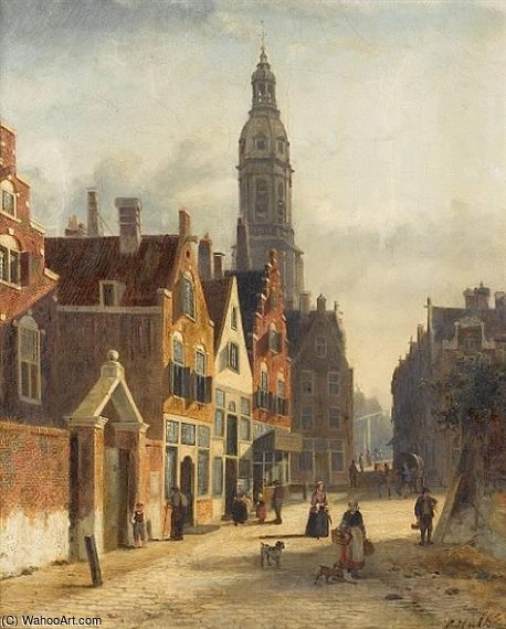 WikiOO.org - Encyclopedia of Fine Arts - Maľba, Artwork Johannes Frederik Hulk - A Busy Dutch Street
